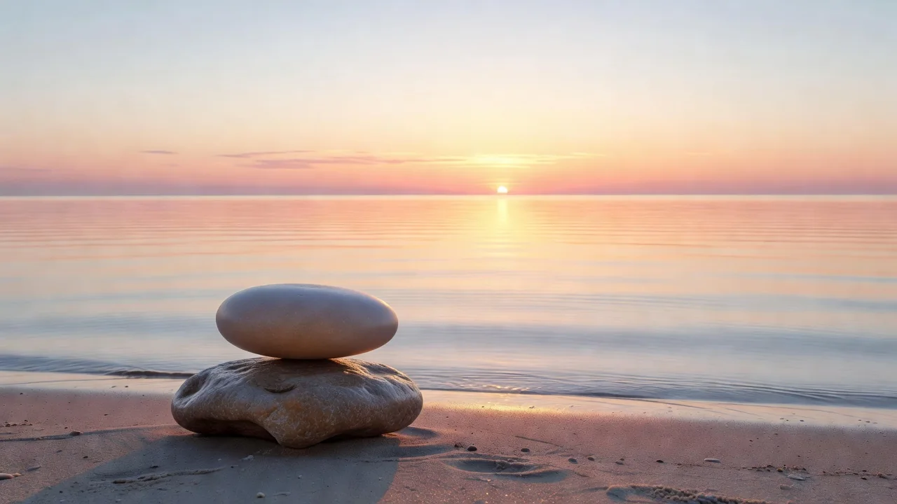 Sassi in equilibrio su una spiaggia al tramonto