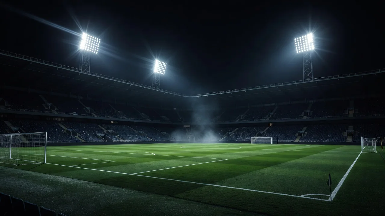 Stadio illuminato dai riflettori durante una partita serale